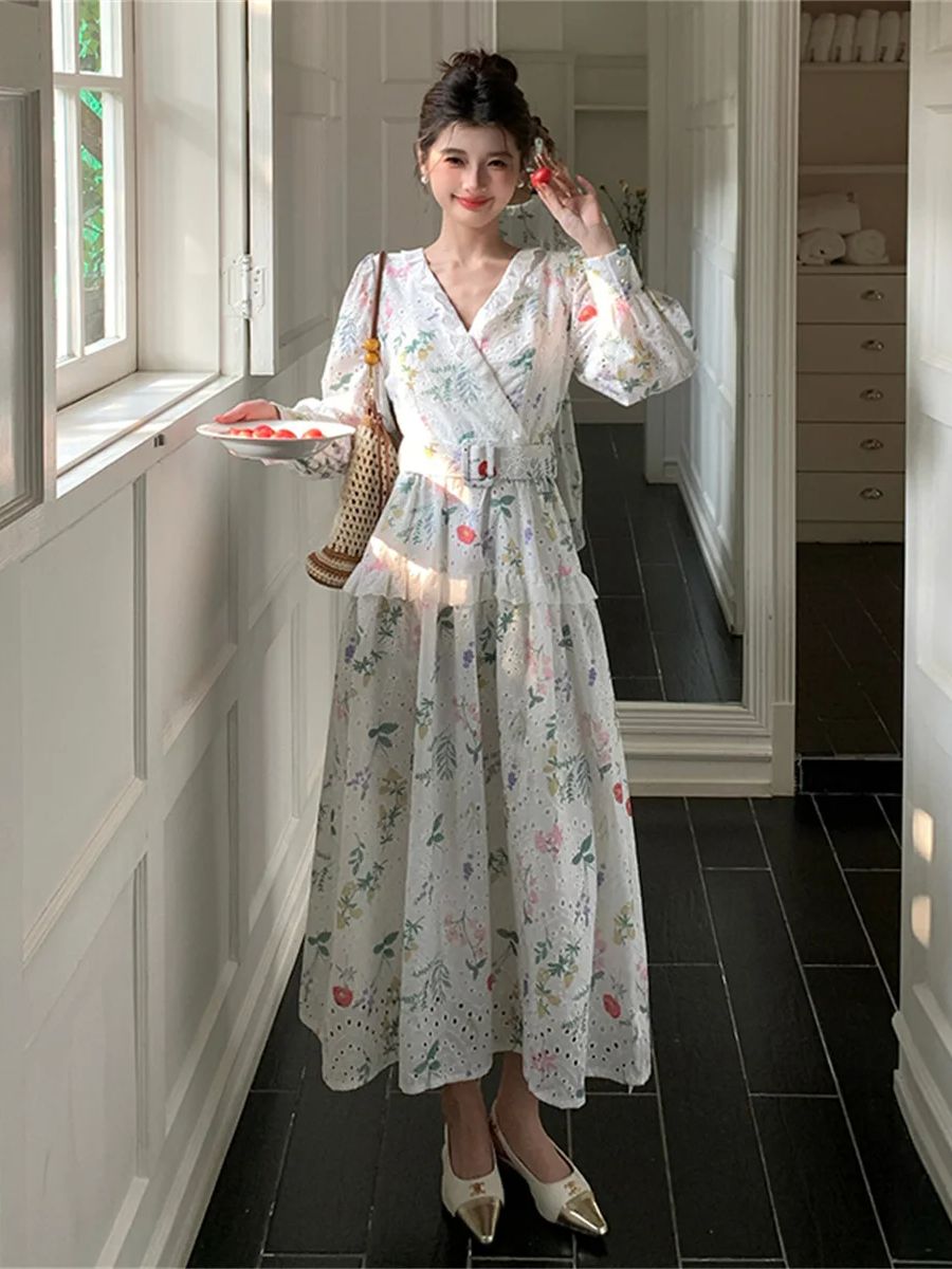 French Vintage Floral Midi Dress - Gaun Midi Motif Bunga Lengan Lentera