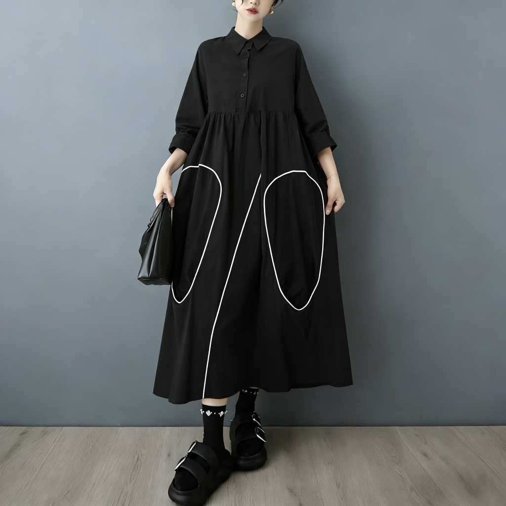 Korean Style A Line Shirt Dress - SuperAen, Koleksi Musim Semi dan Gugur,