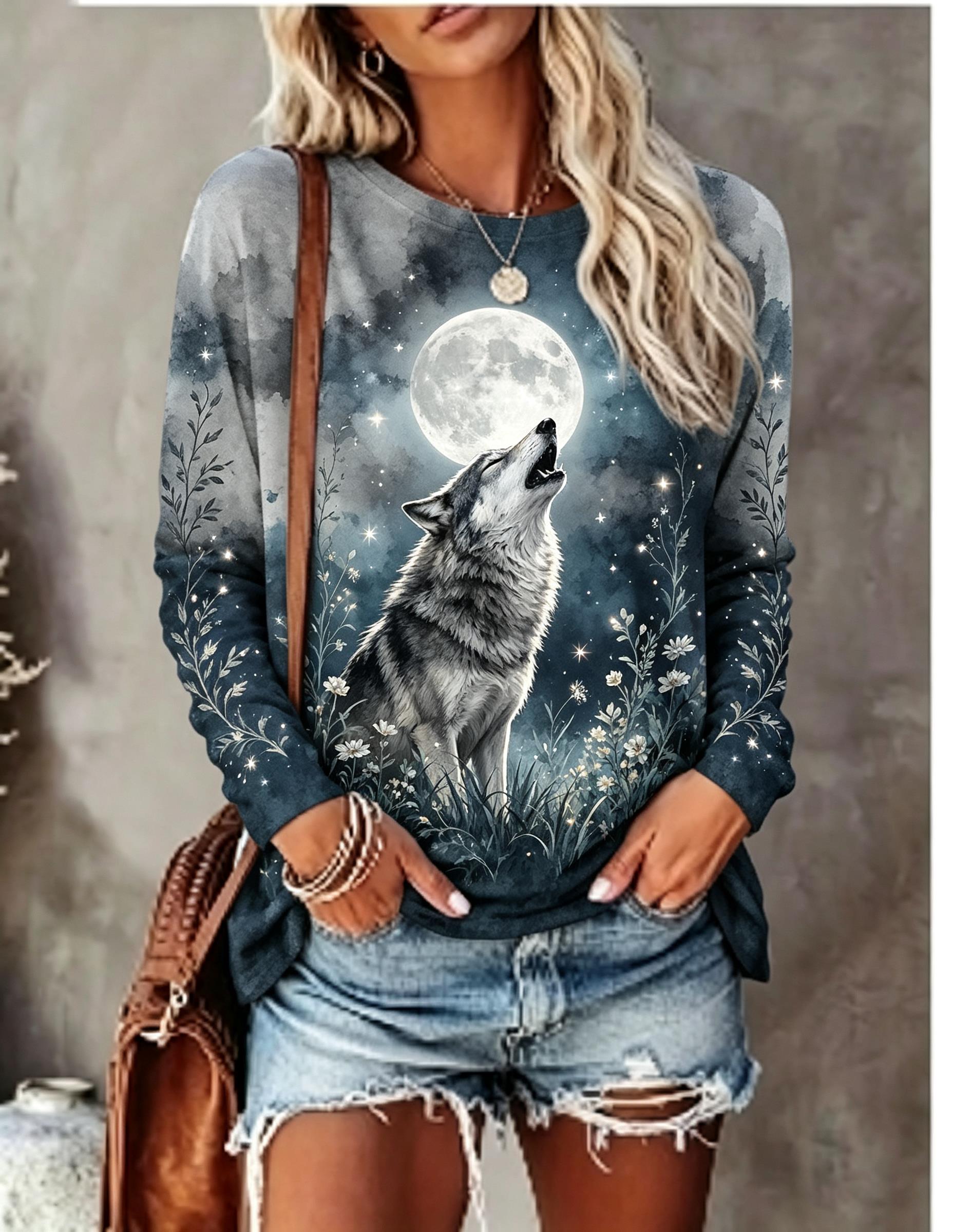 Blouses - Kaos Lengan Panjang Wanita Motif Serigala