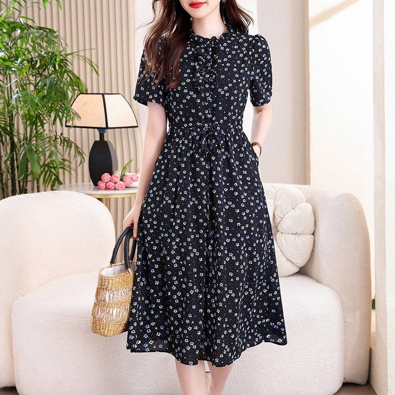 Gaun Midi Motif Bunga Biru Nav - French Vintage Floral Midi Dress ulasan dan harga